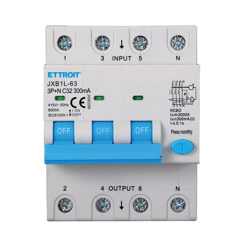ETTROIT RCBO Interruttore Magnetotermico Differenziale Tipo A Curva C 3P+N 4M 6000A 300mA C32A AC 400V IP20 IEC61009-1