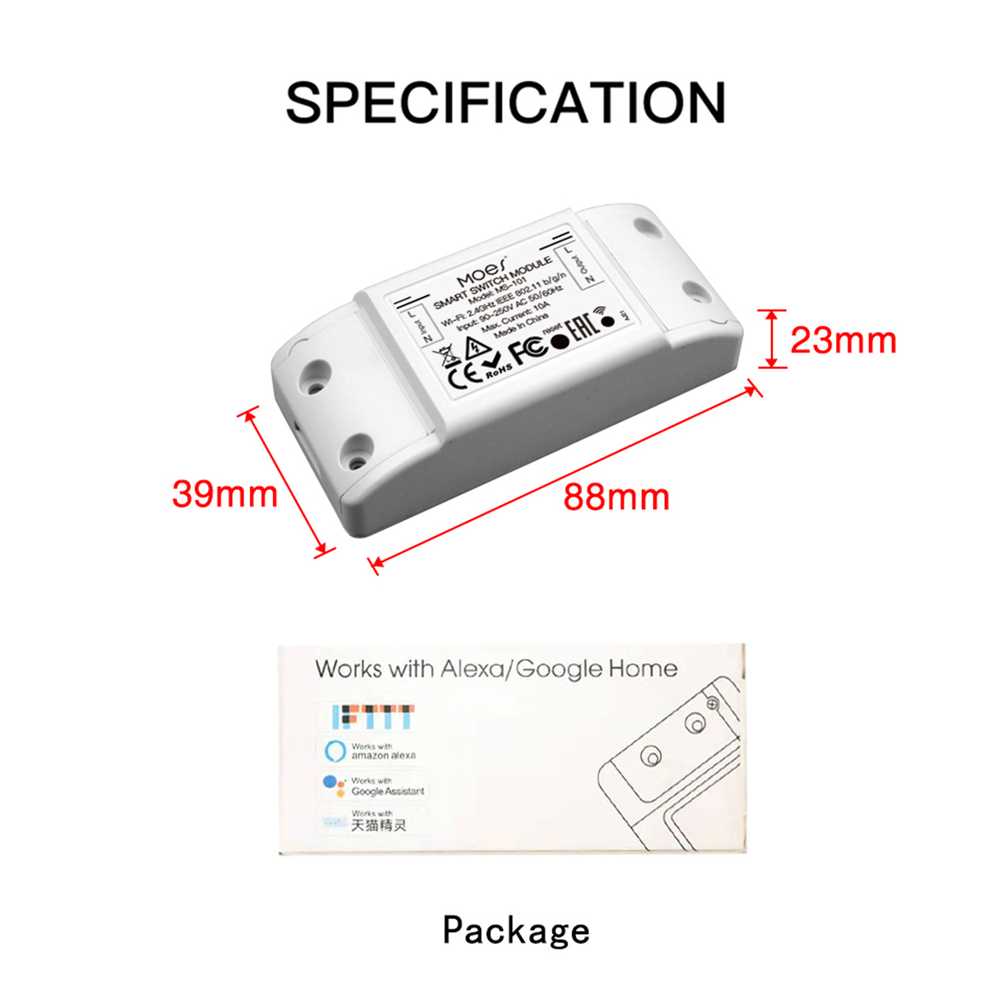MeanWell Interruttore WIFI 10A WIFI 2.4G TUYA, Smart Life 10A AC 90-250V 50/60HZ 2200W