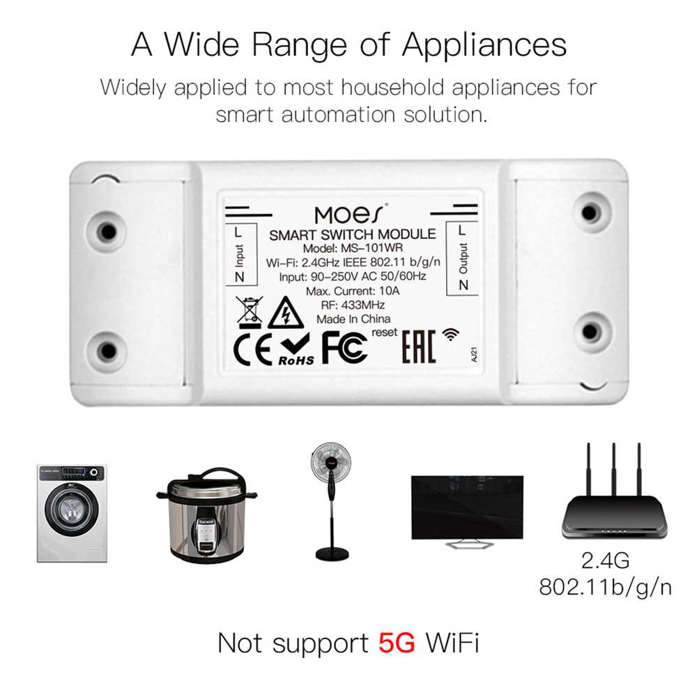 Interruttore WIFI + RF 433MHz 10A WIFI 2.4G, RF 433MHz TUYA, Smart Life 10A AC 90-250V 50/60HZ 2200W-SH101WR