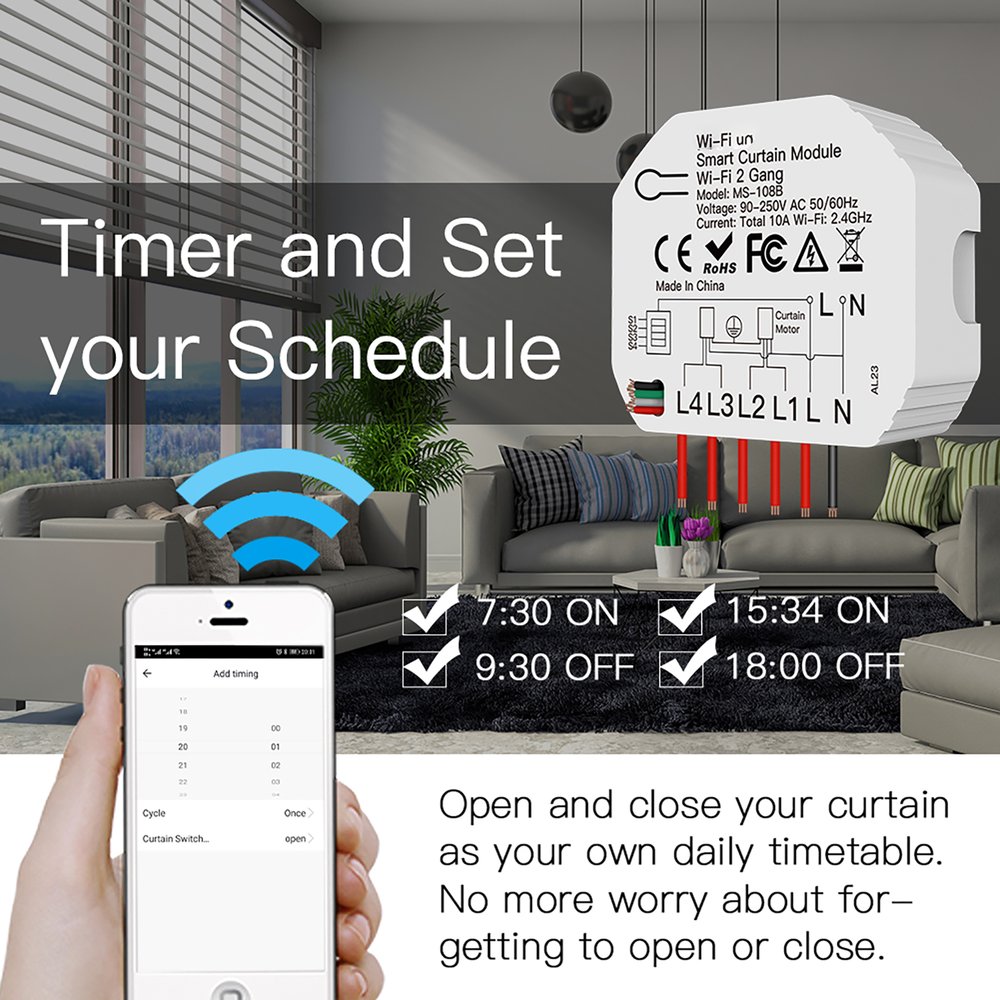 Modulo Tapparelle WIFI 2.4G + BLE, 2 Canali, Bluetooth BLE Mesh, TUYA, Smart Life, 2A, AC 90-250V, 50/60HZ, 500W, 52X47X18mm, IP20