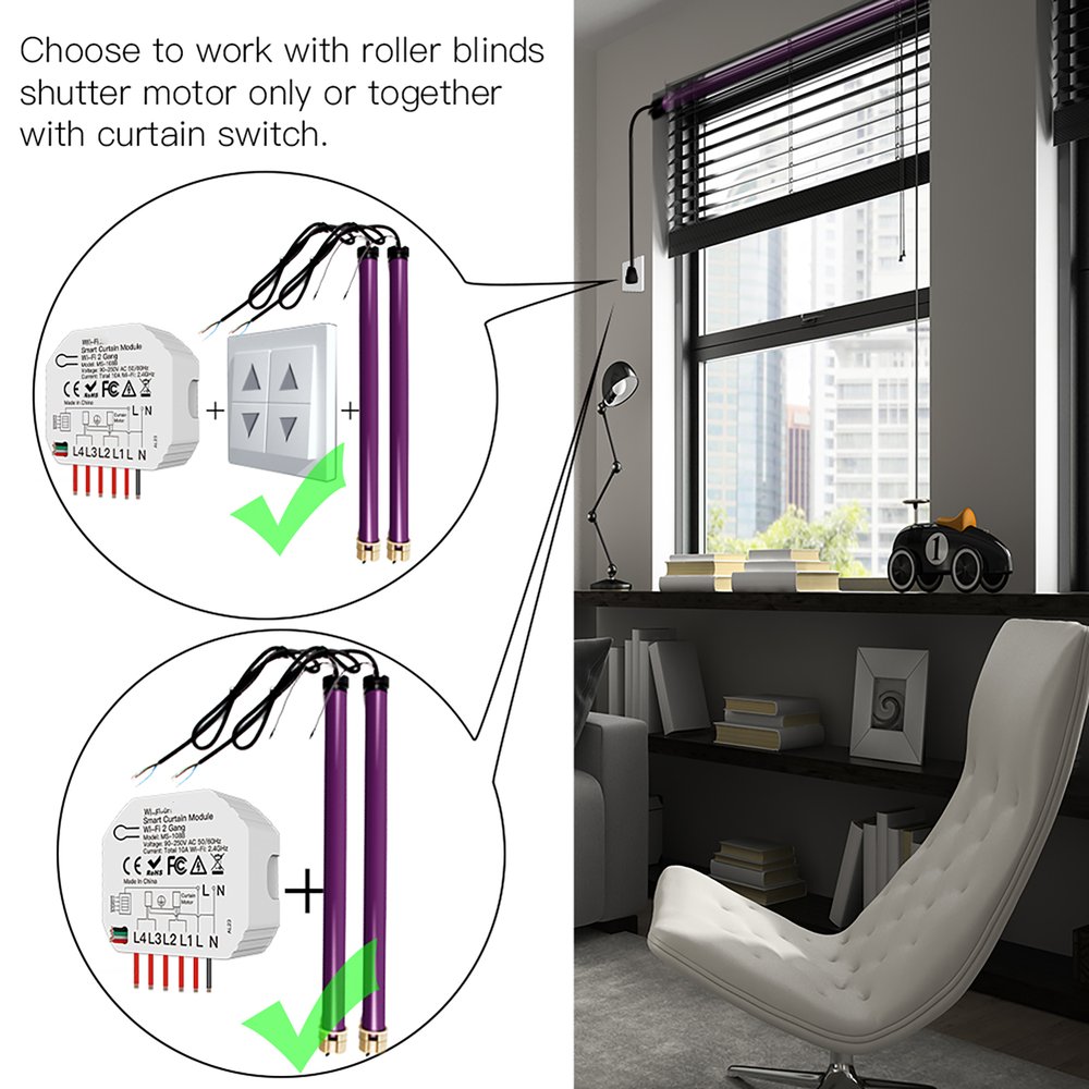 Modulo Tapparelle WIFI 2.4G + BLE, 2 Canali, Bluetooth BLE Mesh, TUYA, Smart Life, 2A, AC 90-250V, 50/60HZ, 500W, 52X47X18mm, IP20