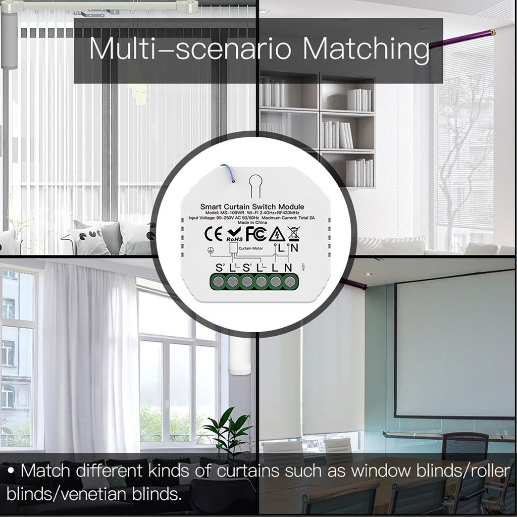 Modulo Tapparelle WIFI 2.4G + RF 433MHz, TUYA, Smart Life, 2A, AC 90-250V, 50/60HZ, 500W, 52X47X18mm, IP20, SH108WR SH108