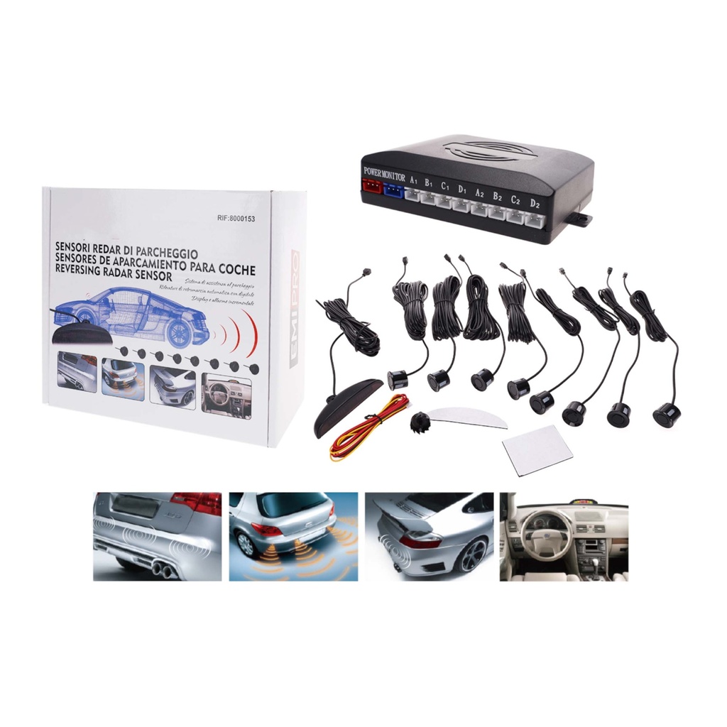 Kit 8 Sensori di Parcheggio Con Display Led e Cicalino Per Anteriore e Posteriore Sensori da 21mm