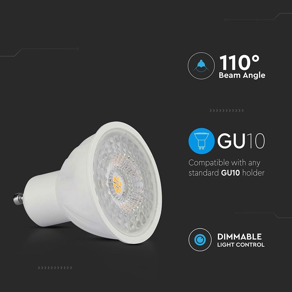 V-TAC Faretto LED GU10 6W Dimmerabile, 3000K Luce Calda, 110° Fascio Luminoso, 445lm, Equivalente 60W, Risparmio Energetico  SKU-211981