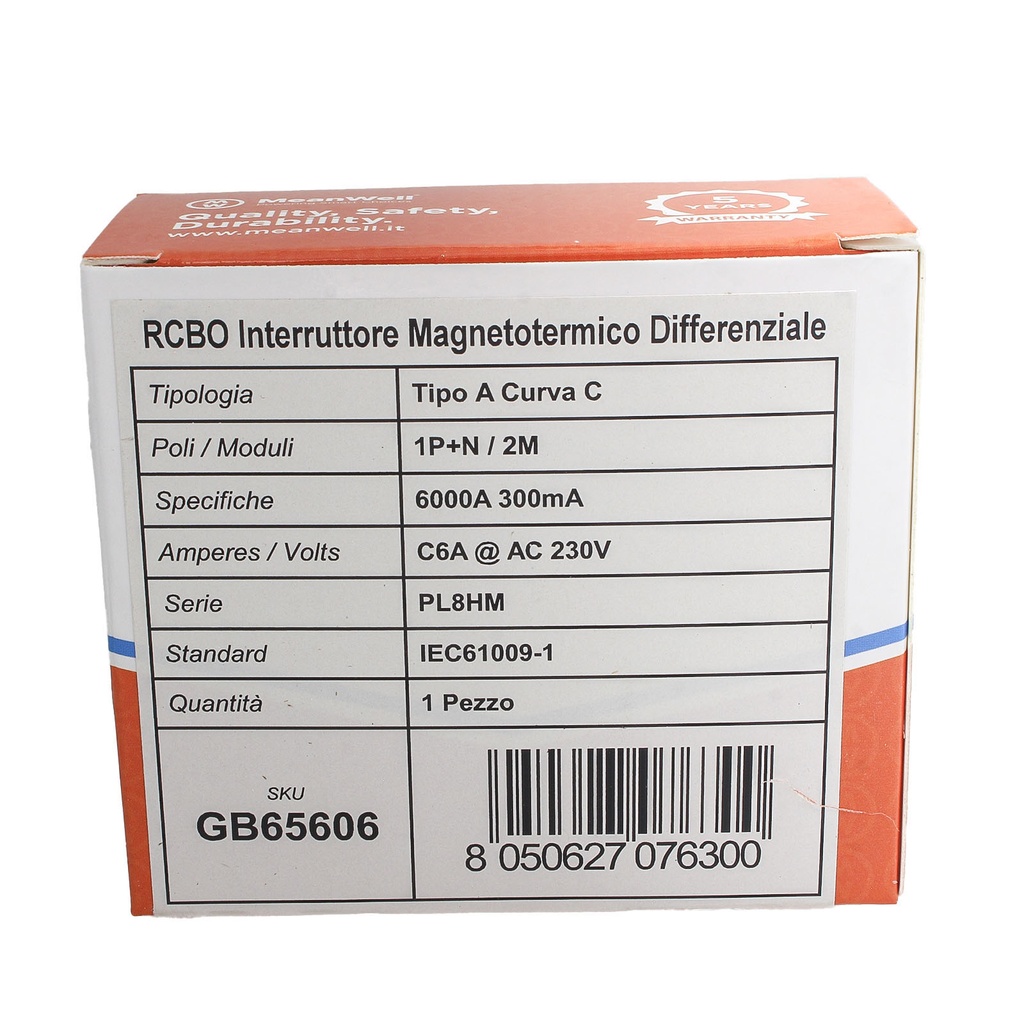 MeanWell RCBO Interruttore Magnetotermico Differenziale Tipo A Curva C 1P+N 2M 6000A 300mA C6A AC 230V IP20 IEC61009-1