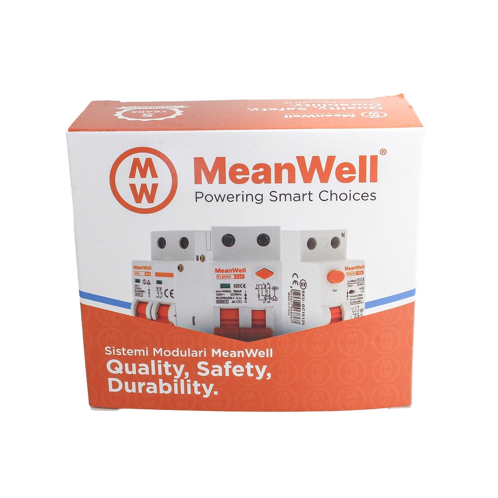 MeanWell RCBO Interruttore Magnetotermico Differenziale Tipo A Curva C 1P+N 2M 6000A 300mA C10A AC 230V IP20 IEC61009-1