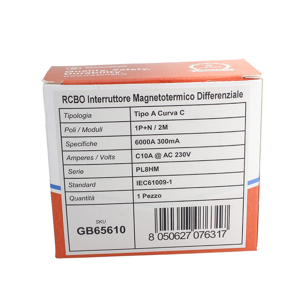 MeanWell RCBO Interruttore Magnetotermico Differenziale Tipo A Curva C 1P+N 2M 6000A 300mA C10A AC 230V IP20 IEC61009-1