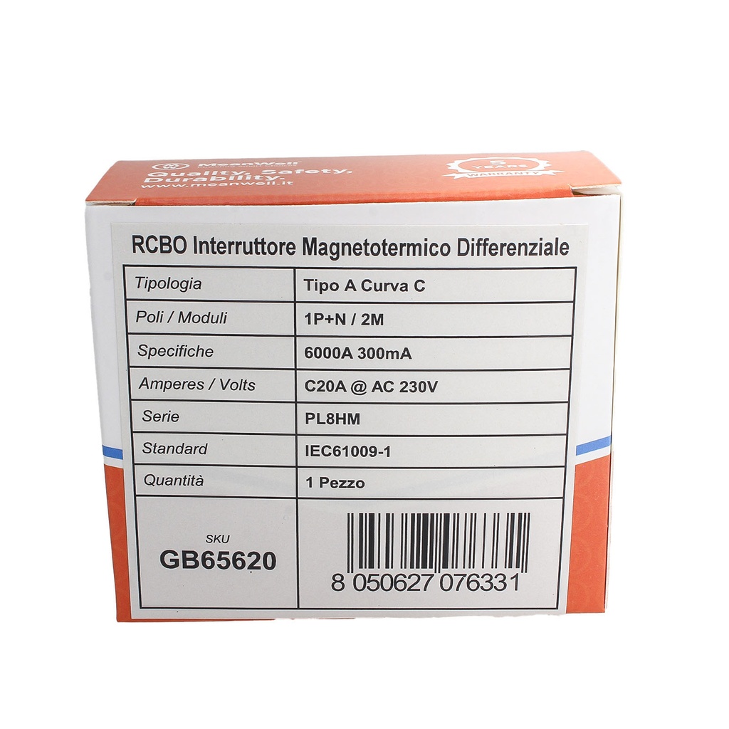 MeanWell RCBO Interruttore Magnetotermico Differenziale Tipo A Curva C 1P+N 2M 6000A 300mA C20A AC 230V IP20 IEC61009-1