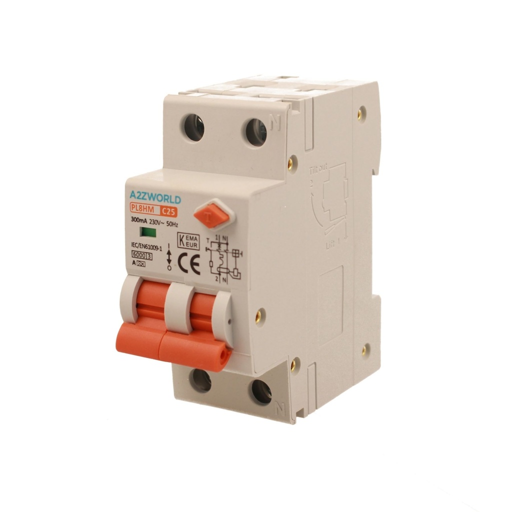 RCBO Interruttore Magnetotermico Differenziale Tipo A Curva C 1P+N 2M 6000A 300mA C25A AC 230V IP20 IEC61009-1