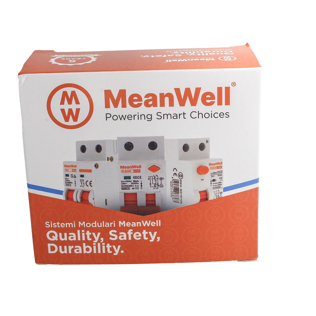 MeanWell RCBO Interruttore Magnetotermico Differenziale Tipo A Curva C 1P+N 2M 6000A 300mA C25A AC 230V IP20 IEC61009-1