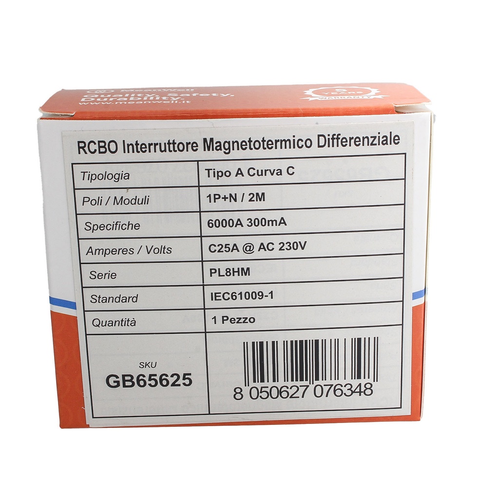 MeanWell RCBO Interruttore Magnetotermico Differenziale Tipo A Curva C 1P+N 2M 6000A 300mA C25A AC 230V IP20 IEC61009-1