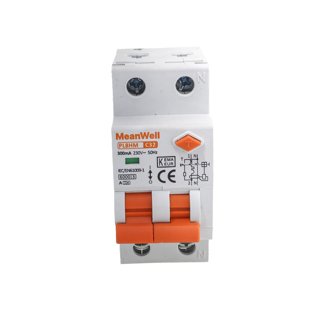 MeanWell RCBO Interruttore Magnetotermico Differenziale Tipo A Curva C 1P+N 2M 6000A 300mA C32A AC 230V IP20 IEC61009-1
