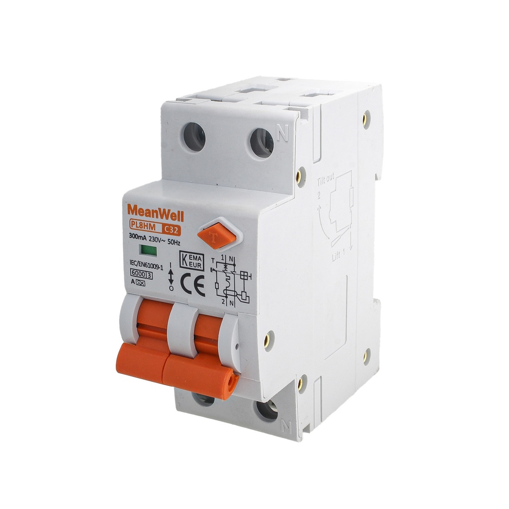 MeanWell RCBO Interruttore Magnetotermico Differenziale Tipo A Curva C 1P+N 2M 6000A 300mA C32A AC 230V IP20 IEC61009-1