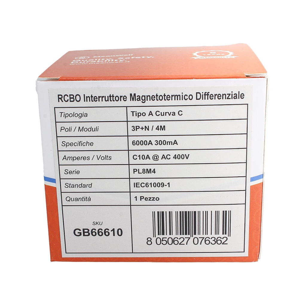 MeanWell RCBO Interruttore Magnetotermico Differenziale Tipo A Curva C 3P+N 4M 6000A 300mA C10A AC 400V IP20 IEC61009-1