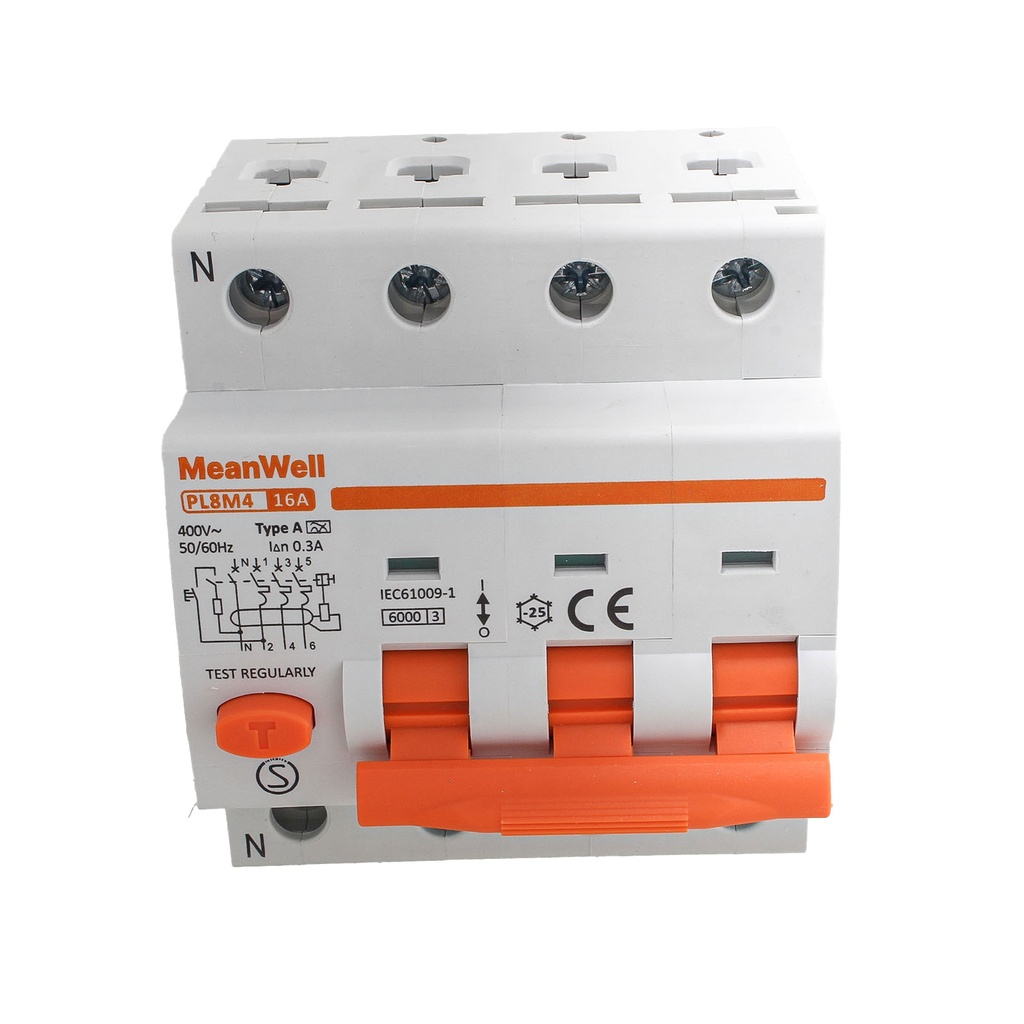 MeanWell RCBO Interruttore Magnetotermico Differenziale Tipo A Curva C 3P+N 4M 6000A 300mA C16A AC 400V IP20 IEC61009-1