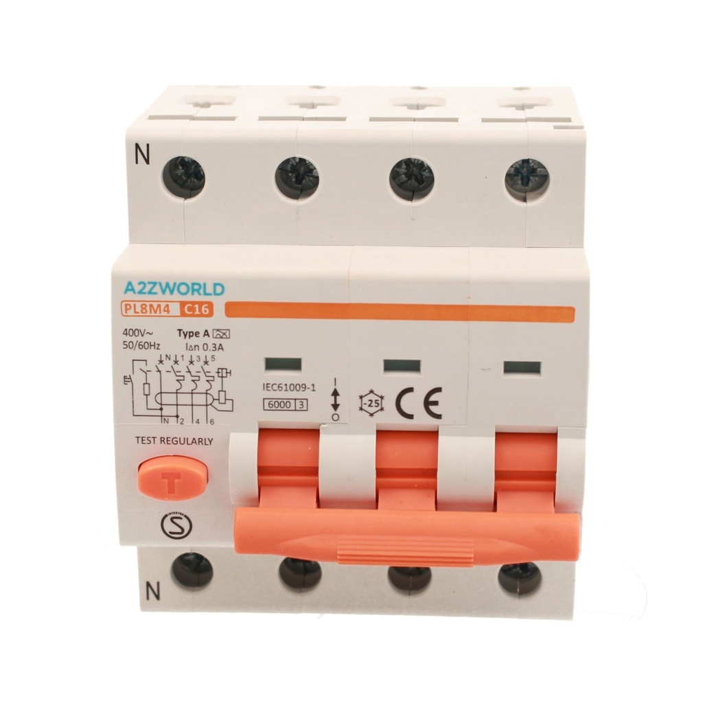 RCBO Interruttore Magnetotermico Differenziale Tipo A Curva C 3P+N 4M 6000A 300mA C16A AC 400V IP20 IEC61009-1