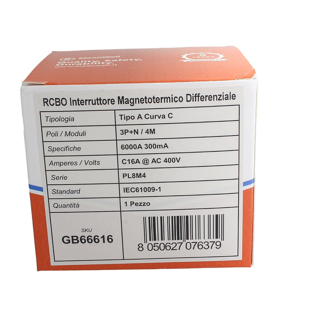 MeanWell RCBO Interruttore Magnetotermico Differenziale Tipo A Curva C 3P+N 4M 6000A 300mA C16A AC 400V IP20 IEC61009-1