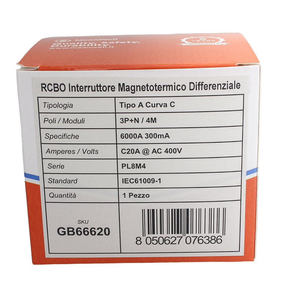 MeanWell RCBO Interruttore Magnetotermico Differenziale Tipo A Curva C 3P+N 4M 6000A 300mA C20A AC 400V IP20 IEC61009-1