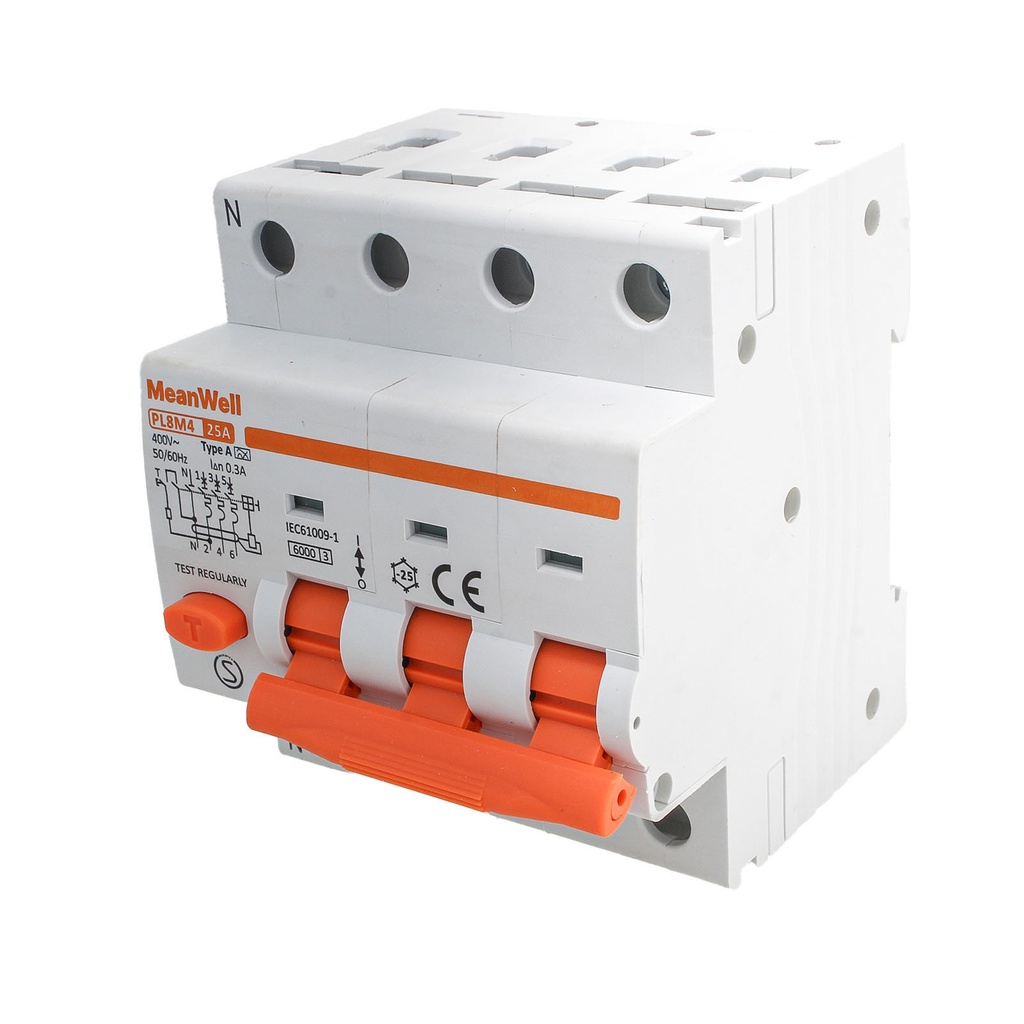 MeanWell RCBO Interruttore Magnetotermico Differenziale Tipo A Curva C 3P+N 4M 6000A 300mA C25A AC 400V IP20 IEC61009-1