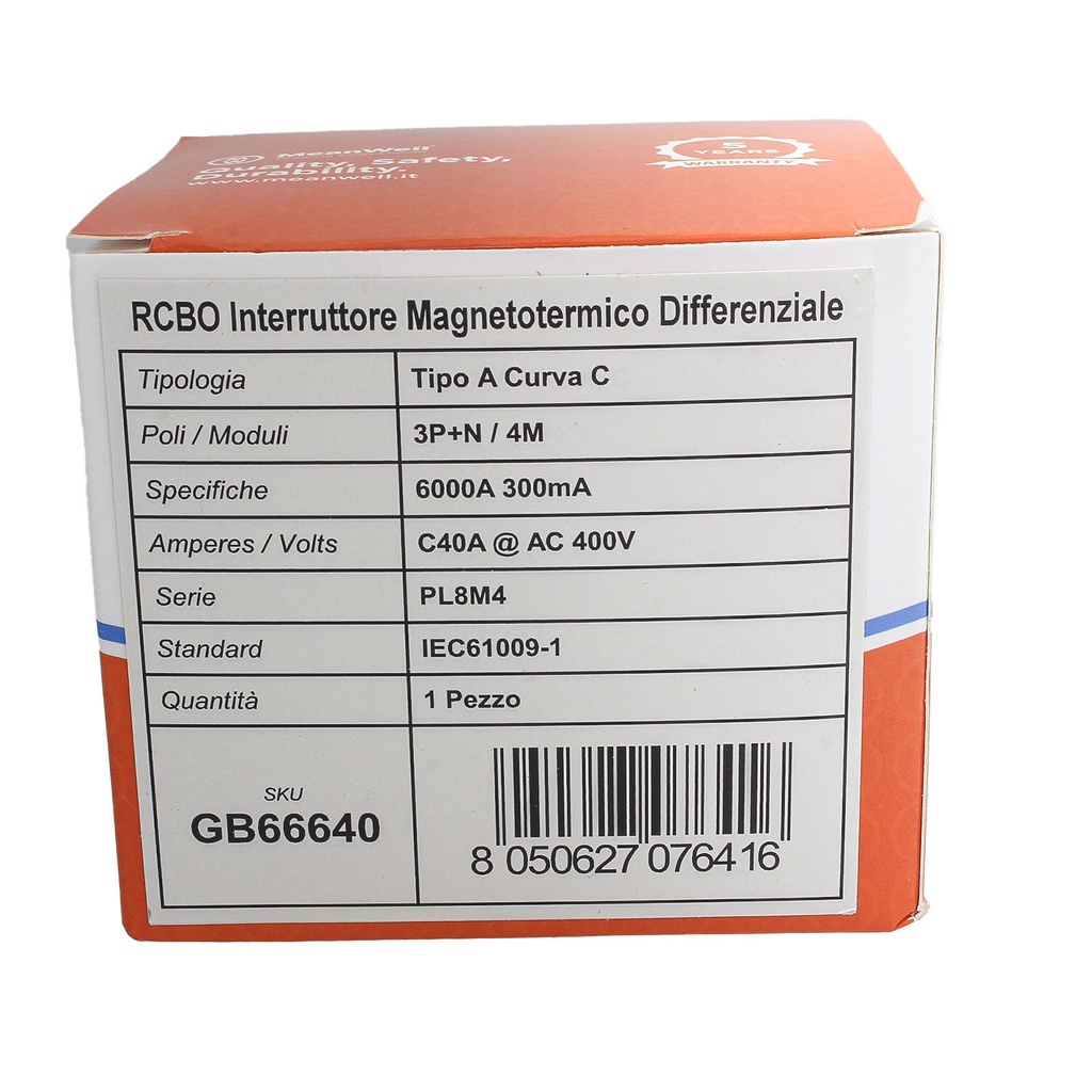 MeanWell RCBO Interruttore Magnetotermico Differenziale Tipo A Curva C 3P+N 4M 6000A 300mA C40A AC 400V IP20 IEC61009-1