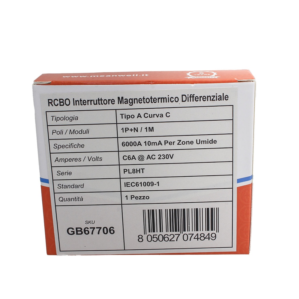 MeanWell RCBO Interruttore Magnetotermico Differenziale Tipo A Curva C 1P+N 1M 6000A 10mA Per Zone Umide C6A AC 230V IP20 IEC61009-1