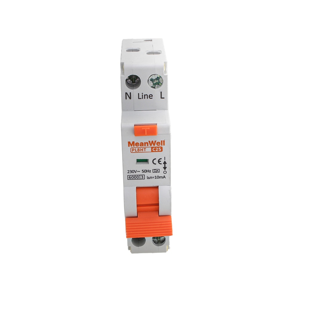 MeanWell RCBO Interruttore Magnetotermico Differenziale Tipo A Curva C 1P+N 1M 6000A 10mA Per Zone Umide C25A AC 230V IP20 IEC61009-1