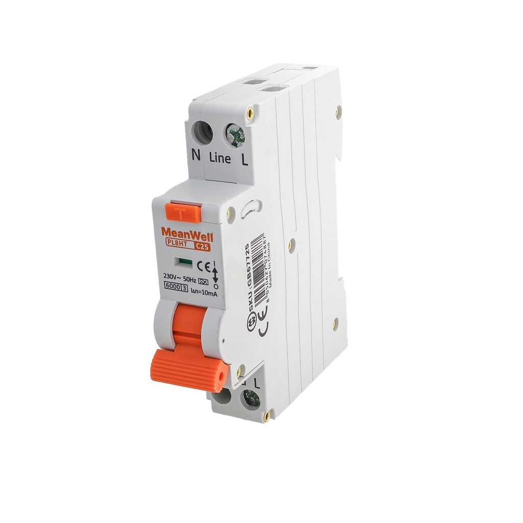 MeanWell RCBO Interruttore Magnetotermico Differenziale Tipo A Curva C 1P+N 1M 6000A 10mA Per Zone Umide C25A AC 230V IP20 IEC61009-1