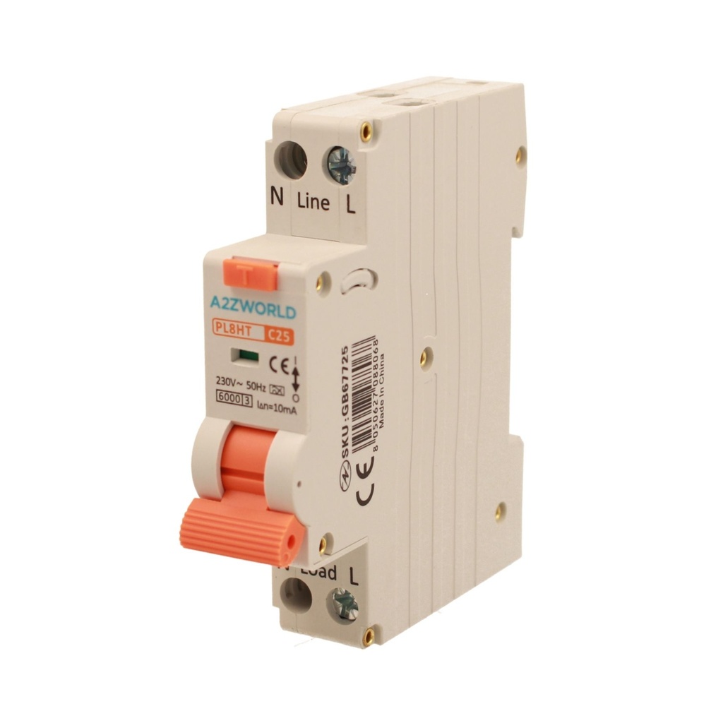 RCBO Interruttore Magnetotermico Differenziale Tipo A Curva C 1P+N 1M 6000A 10mA Per Zone Umide C25A AC 230V IP20 IEC61009-1 PL8HT