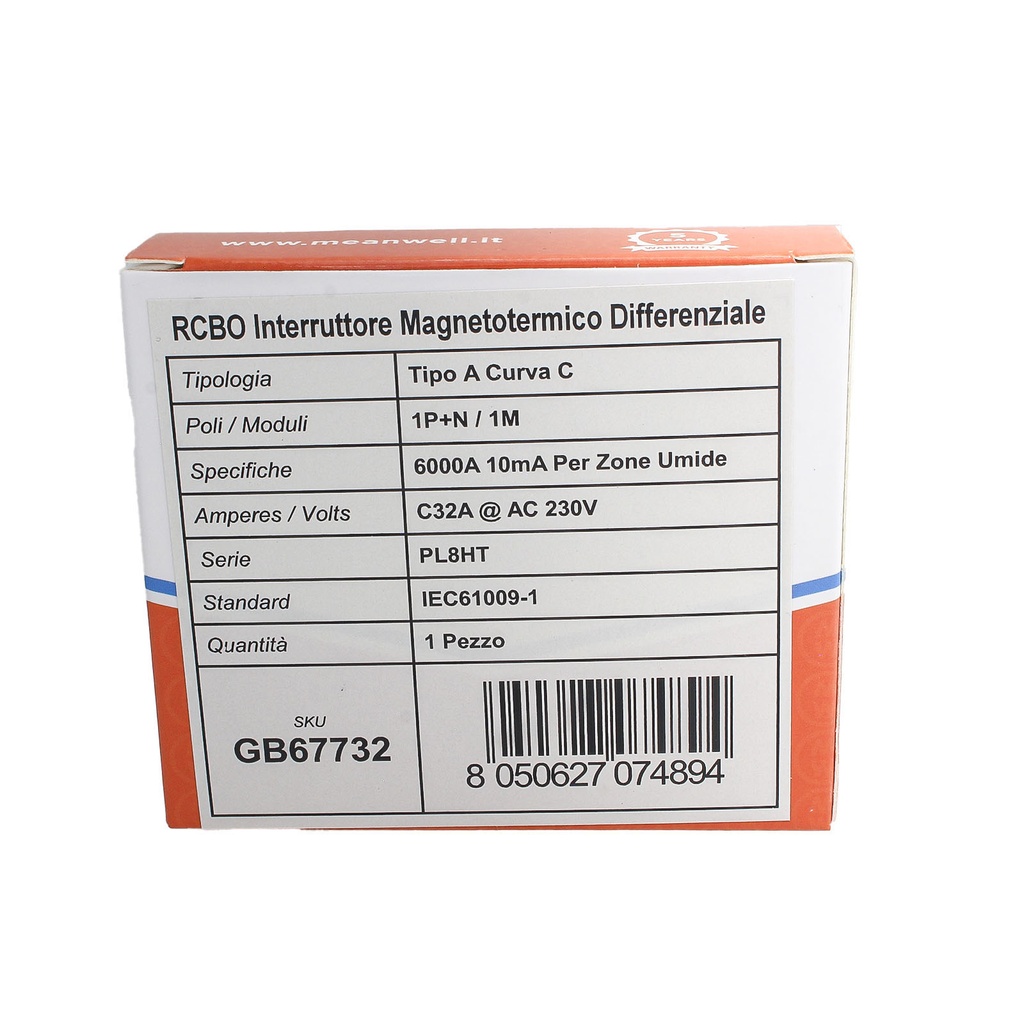 MeanWell RCBO Interruttore Magnetotermico Differenziale Tipo A Curva C 1P+N 1M 6000A 10mA Per Zone Umide C32A AC 230V IP20 IEC61009-1
