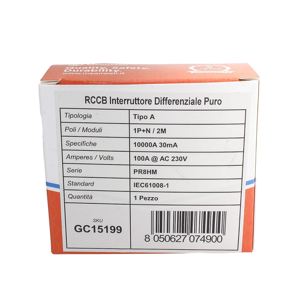 MeanWell RCCB Interruttore Differenziale Puro Tipo A 1P+N 2M 10000A 30mA 100A AC 230V IP20 IEC61008-1