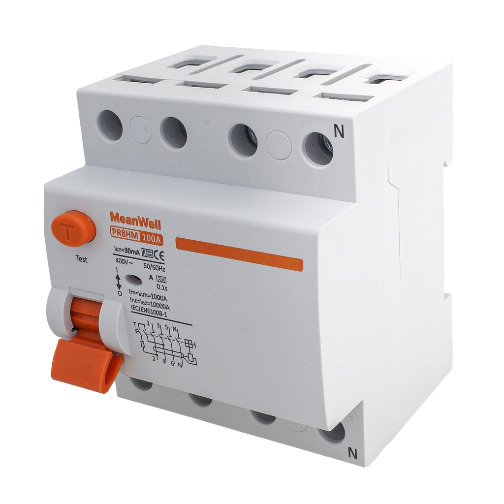 MeanWell RCCB Interruttore Differenziale Puro Tipo A 3P+N 4M 10000A 30mA 100A AC 400V IP20 IEC61008-1