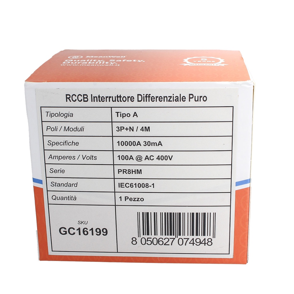 MeanWell RCCB Interruttore Differenziale Puro Tipo A 3P+N 4M 10000A 30mA 100A AC 400V IP20 IEC61008-1
