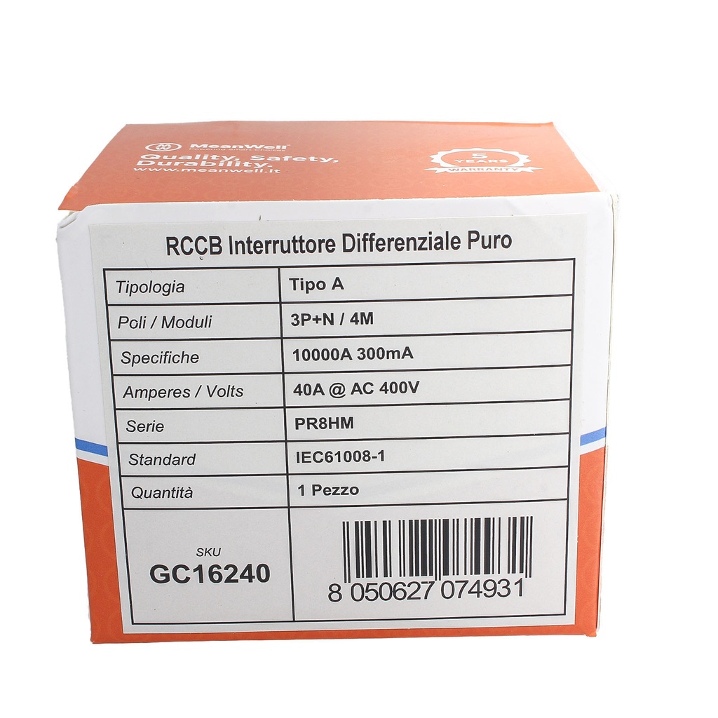 MeanWell RCCB Interruttore Differenziale Puro Tipo A 3P+N 4M 10000A 300mA 40A AC 400V IP20 IEC61008-1