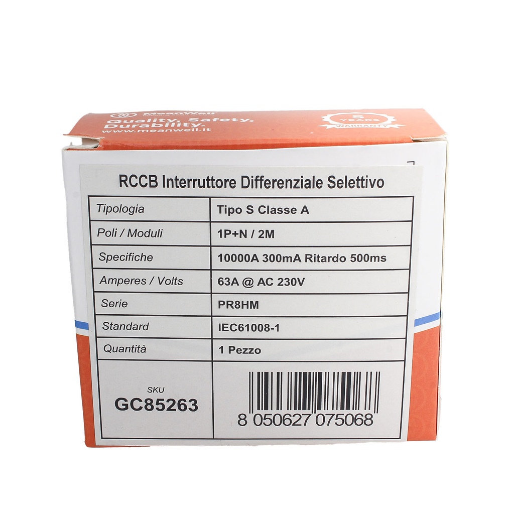MeanWell RCCB Interruttore Differenziale Selettivo Tipo S Classe A 1P+N 2M 10000A 300mA Ritardo 500ms 63A AC 230V IP20 IEC61008-1