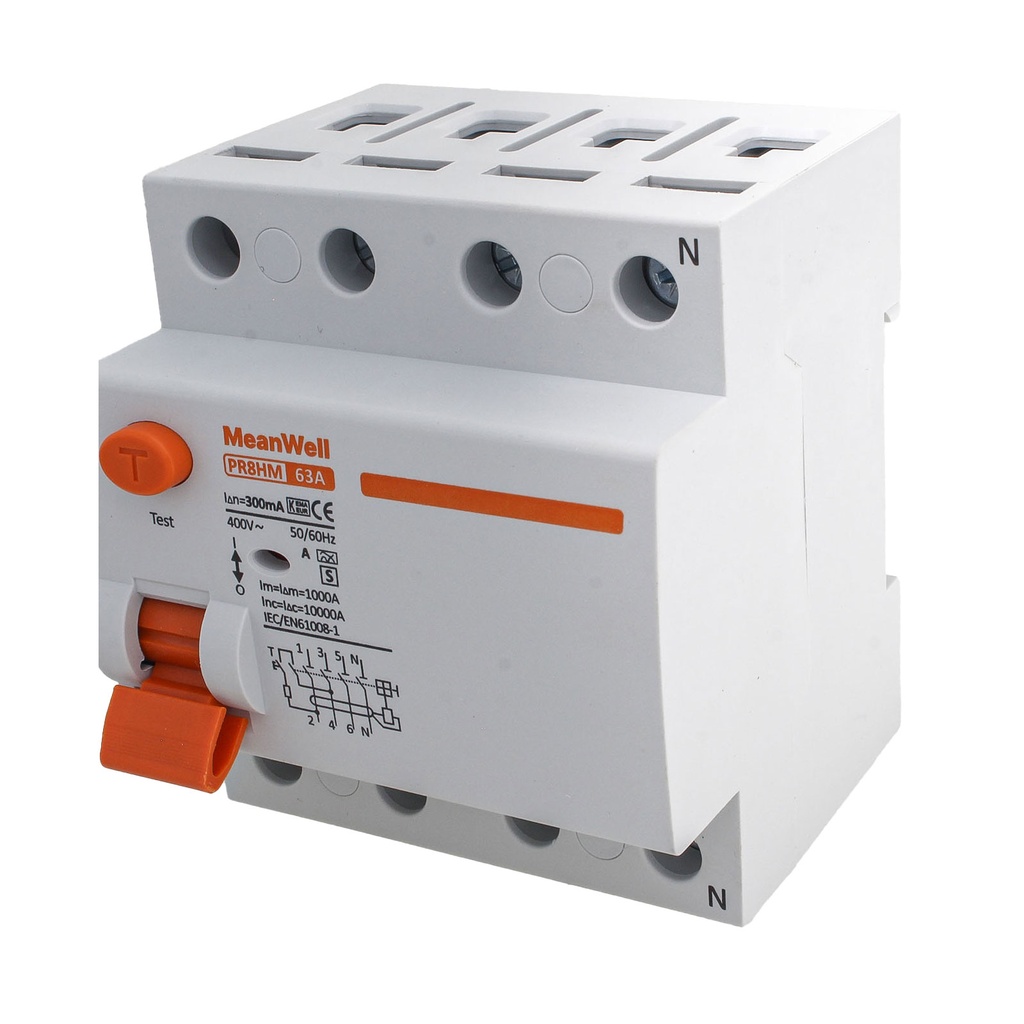 MeanWell RCCB Interruttore Differenziale Selettivo Tipo S Classe A 3P+N 4M 10000A 300mA Ritardo 500ms 63A AC 400V IP20 IEC61008-1