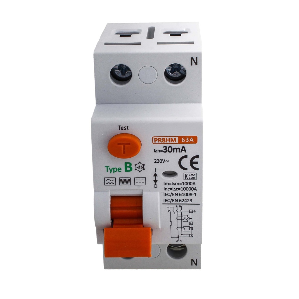 RCCB Interruttore Differenziale Puro Tipo B 1P+N 2M 10000A 30mA 63A AC 230V IP20 IEC61008-1 / IEC62423