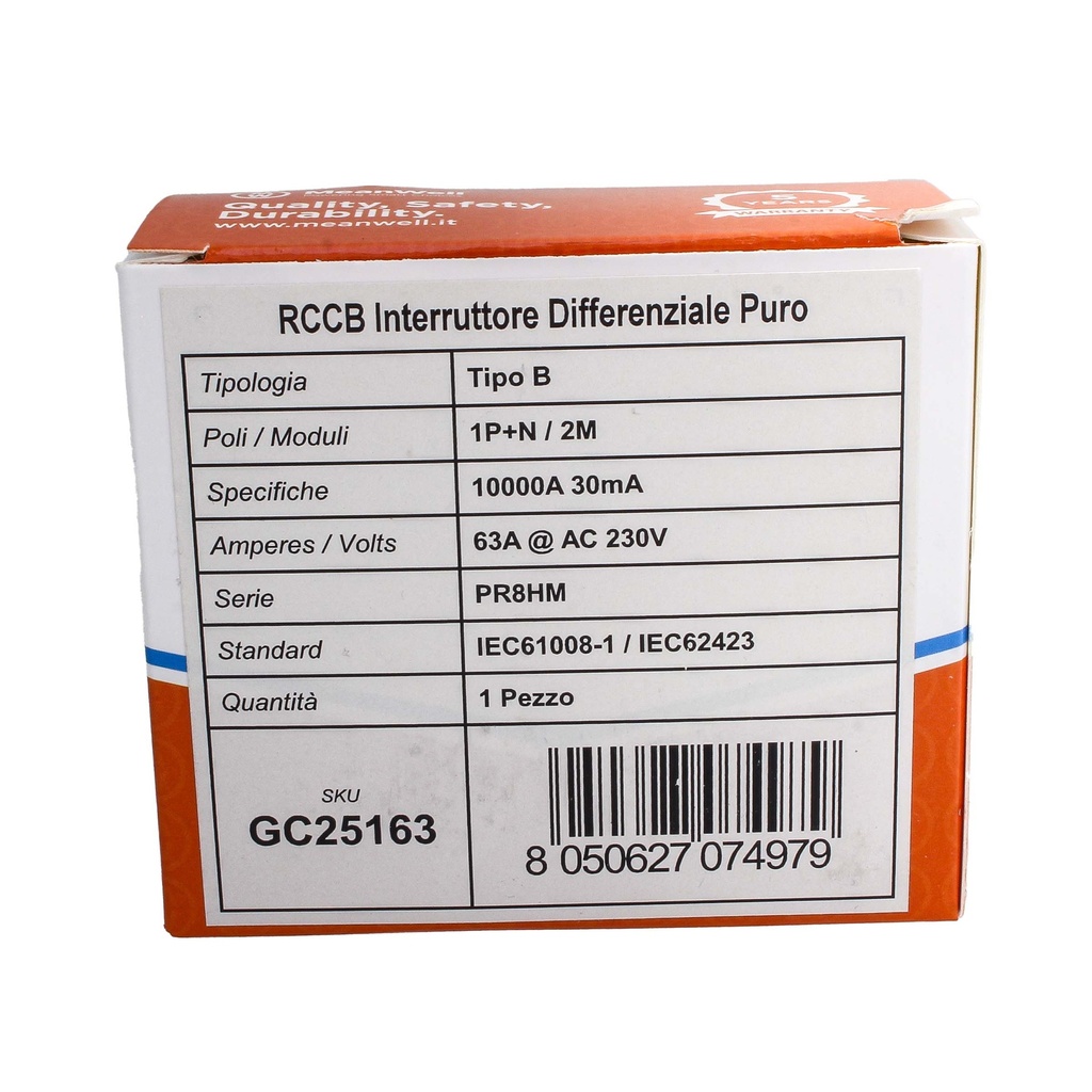 MeanWell RCCB Interruttore Differenziale Puro Tipo B 1P+N 2M 10000A 30mA 63A AC 230V IP20 IEC61008-1 / IEC62423