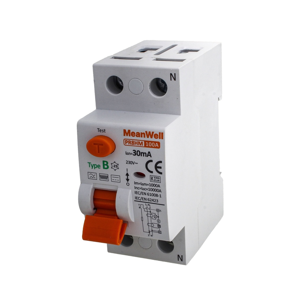MeanWell RCCB Interruttore Differenziale Puro Tipo B 1P+N 2M 10000A 30mA 100A AC 230V IP20 IEC61008-1 / IEC62423