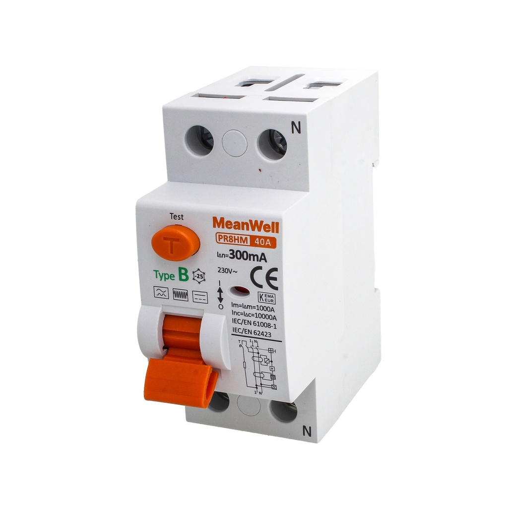 MeanWell RCCB Interruttore Differenziale Puro Tipo B 1P+N 2M 10000A 300mA 40A AC 230V IP20 IEC61008-1 / IEC62423