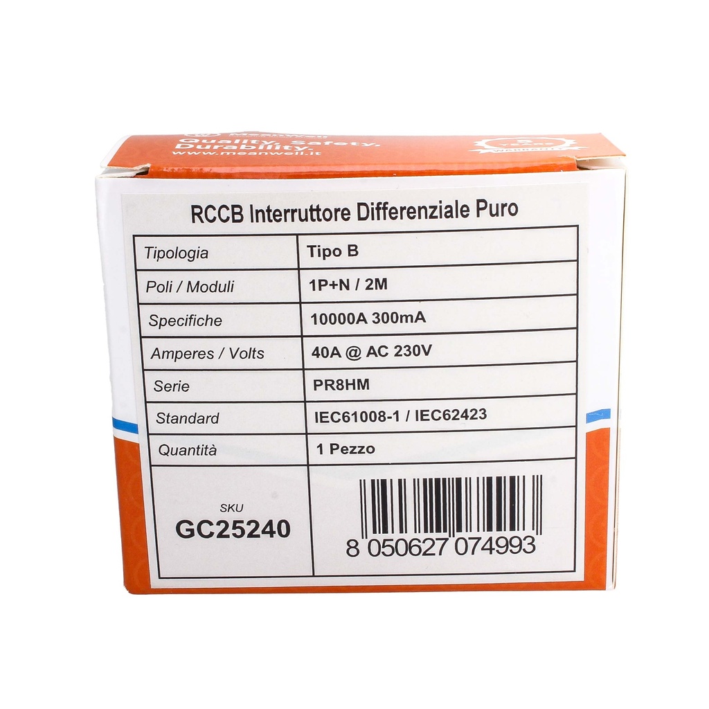 MeanWell RCCB Interruttore Differenziale Puro Tipo B 1P+N 2M 10000A 300mA 40A AC 230V IP20 IEC61008-1 / IEC62423