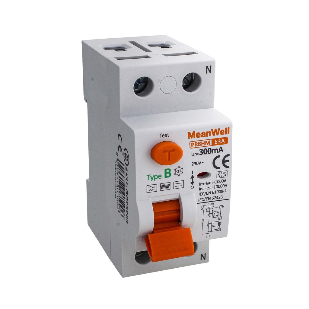 MeanWell RCCB Interruttore Differenziale Puro Tipo B 1P+N 2M 10000A 300mA 63A AC 230V IP20 IEC61008-1 / IEC62423