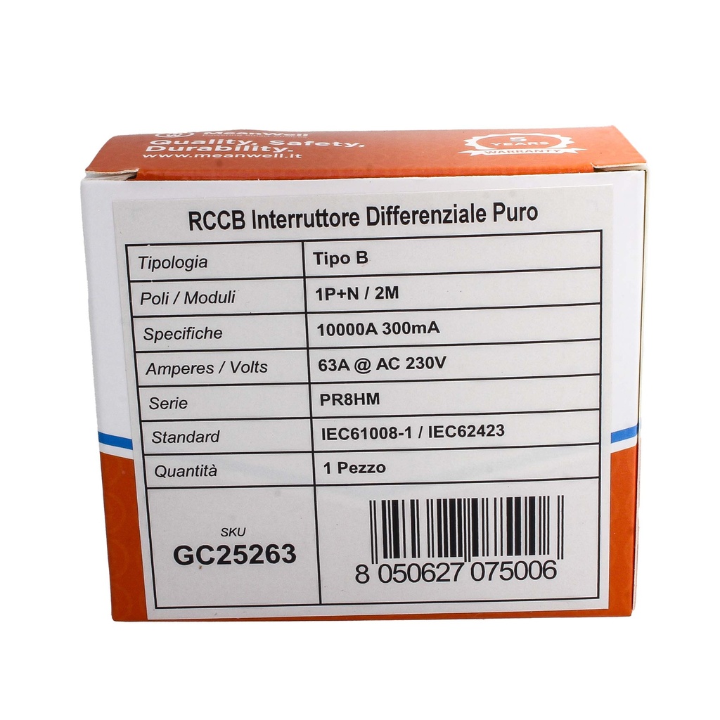MeanWell RCCB Interruttore Differenziale Puro Tipo B 1P+N 2M 10000A 300mA 63A AC 230V IP20 IEC61008-1 / IEC62423