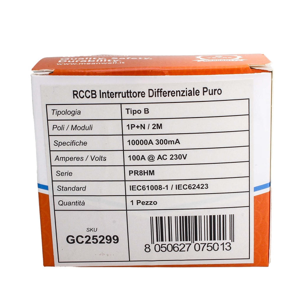 MeanWell RCCB Interruttore Differenziale Puro Tipo B 1P+N 2M 10000A 300mA 100A AC 230V IP20 IEC61008-1 / IEC62423