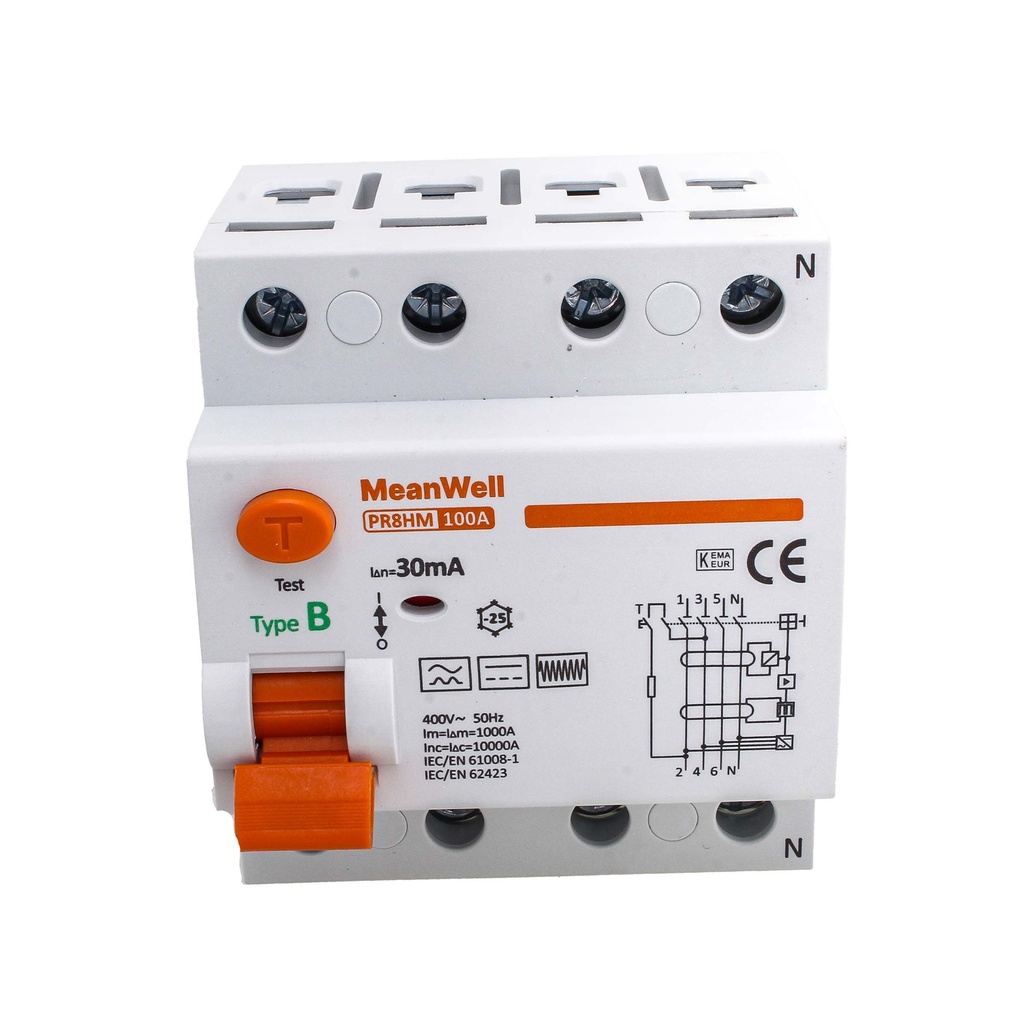 MeanWell RCCB Interruttore Differenziale Puro Tipo B 3P+N 4M 10000A 30mA 100A AC 400V IP20 IEC61008-1 / IEC62423