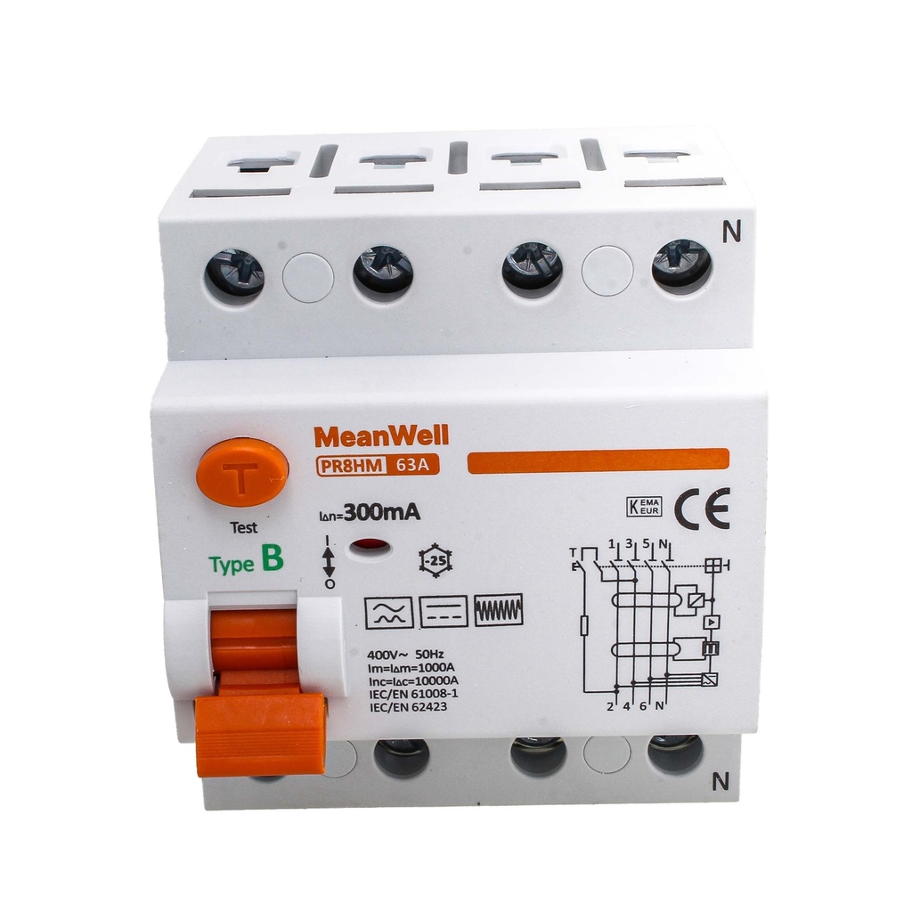 MeanWell RCCB Interruttore Differenziale Puro Tipo B 3P+N 4M 10000A 300mA 63A AC 400V IP20 IEC61008-1 / IEC62423