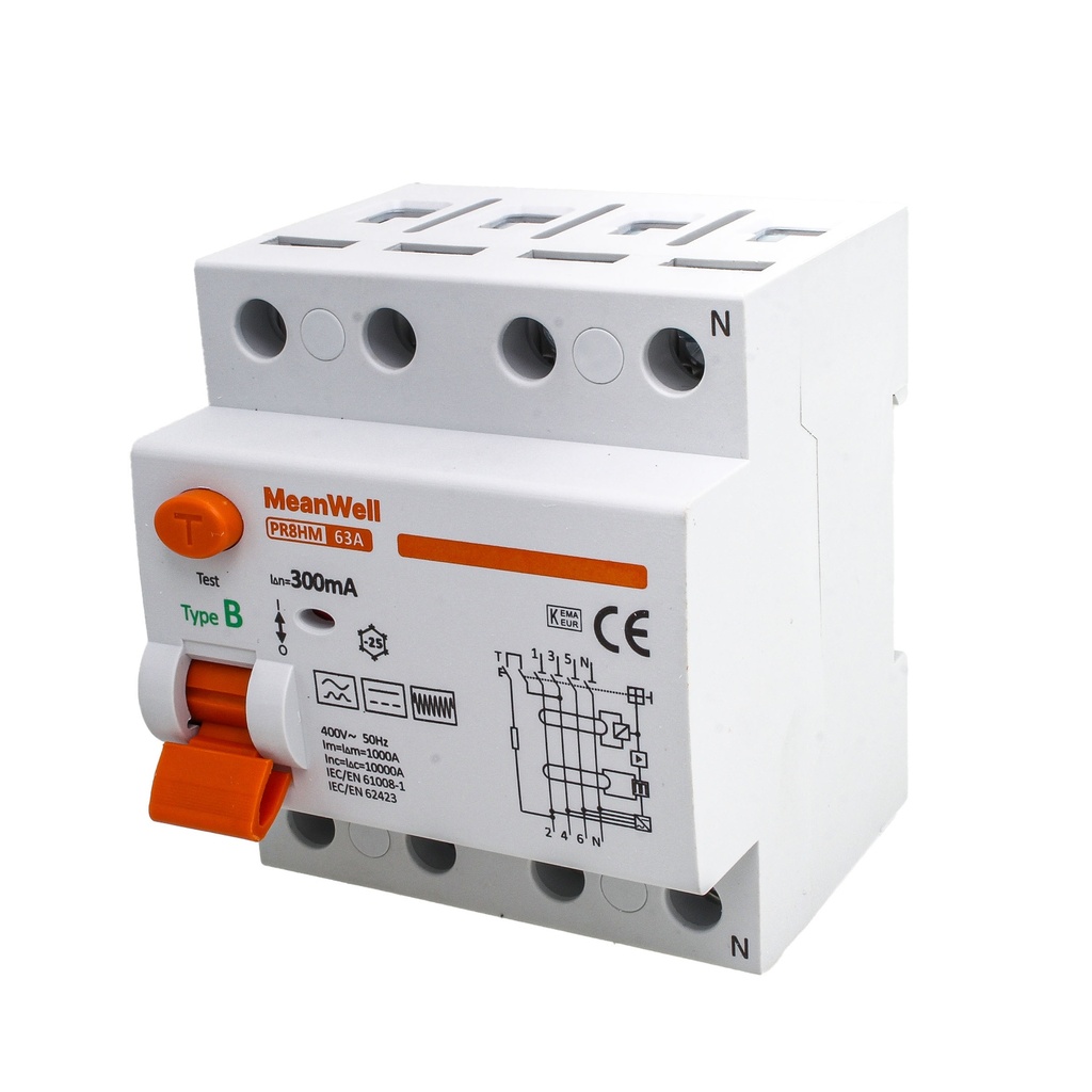 MeanWell RCCB Interruttore Differenziale Puro Tipo B 3P+N 4M 10000A 300mA 63A AC 400V IP20 IEC61008-1 / IEC62423