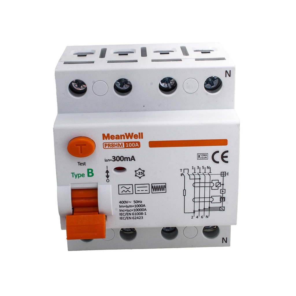 MeanWell RCCB Interruttore Differenziale Puro Tipo B 3P+N 4M 10000A 300mA 100A AC 400V IP20 IEC61008-1 / IEC62423