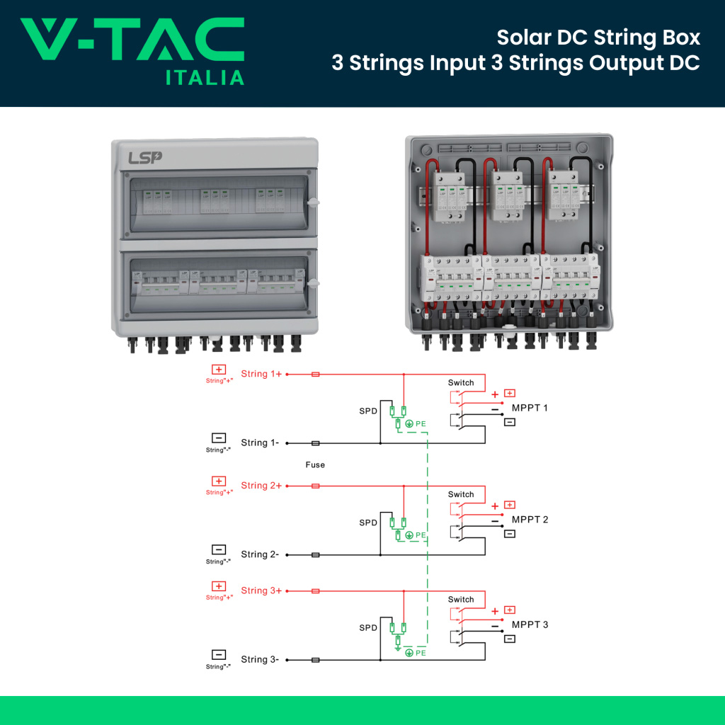 SLP-PV1000-S condividi V-TAC Quadro di Campo DC 3 Stringhe 3 MPPT 1000VDC 16A con Centralino IP65 18 Moduli LSP 11952 