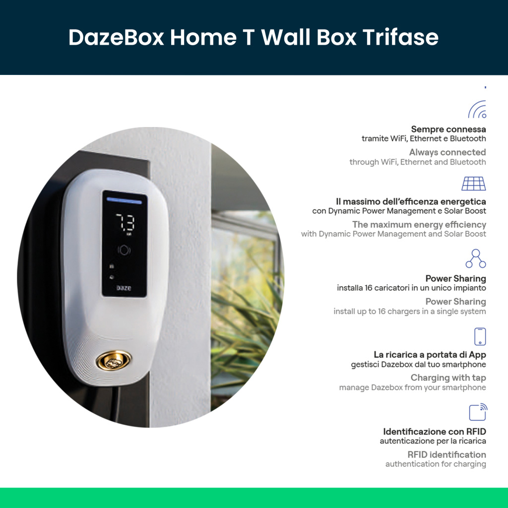 Daze Stazione di Ricarica Dazebox Home T 22.2kW Trifase 32A, IP55 IK10, WiFi e Bluetooth, Wall Box Bianco con Schermo, 3 Tessere RFID Incluse, Cavo Tipo 2 Lunghezza 5m  DBT22