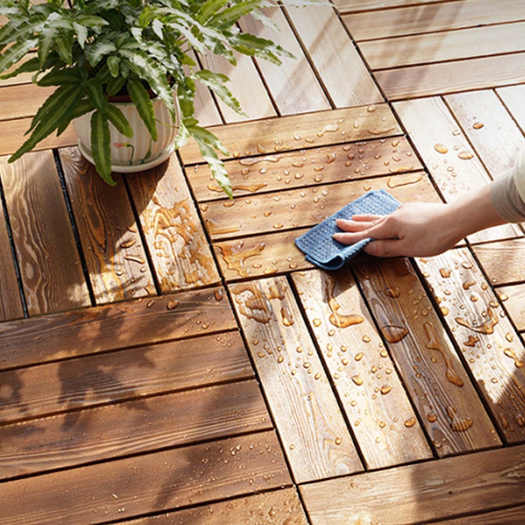 10 Pezzi Piastrelle Legno da Giardino, 30X30X2.3cm, Pavimento Esterno In WPC, Colore Legno Chiaro Da 4 Listelli, Totale 0.9 m²